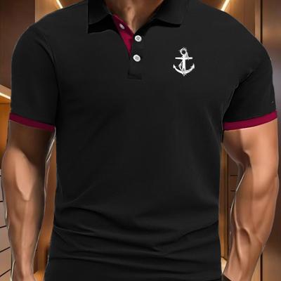 TEMU Men's Casual Shirt With Geometric Anchor Pattern, 100% Polyester Knit Fabric, Stretch, Regular Fit, Summer Lapel Collar With Button Detail, Golf & Outdoor Sports Short Sleeve Tee Image