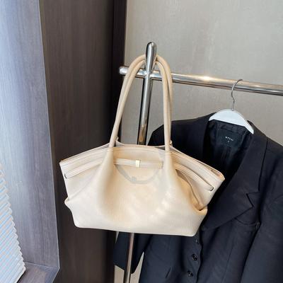 TEMU Huazhongjiao Women's Minimalist Tote Bag - Large Capacity Solid Color Handbag With Magnetic Closure & Fixed Shoulder Strap, Beige Polyester-lined Work Bag For Daily Use Image