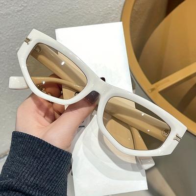 TEMU 1pc Women's Retro Square Fashion Glasses - White Frame With Golden-tone Hinges, Ac Lenses & Decorative Accents, Includes Cleaning Cloth For Stylish Casual Attire Image