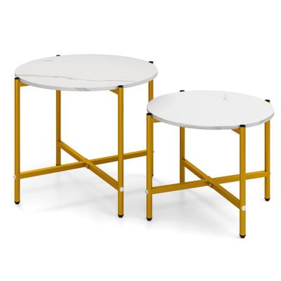 Costway Round Coffee Table Set of 2 with Heavy-Duty Metal Frame-White