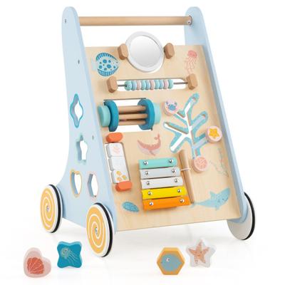 Costway Wooden Baby Walker Push and Pull Learning Activity Center with Wheels-Blue
