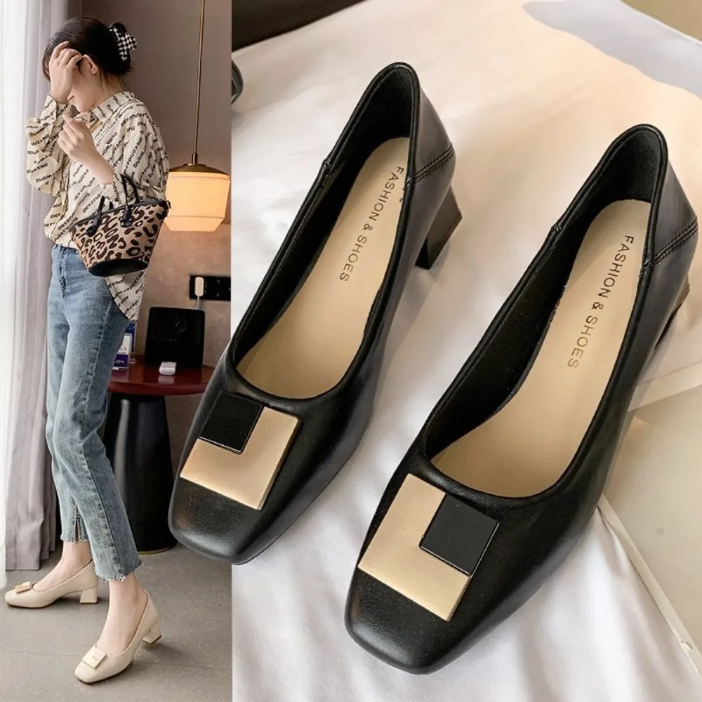 New Fashion Spring 2024 Square Toe High Heels Elegant Ladies Office Work Shoes Soft Leather Comfort Mid Heel Casual Womens Pumps