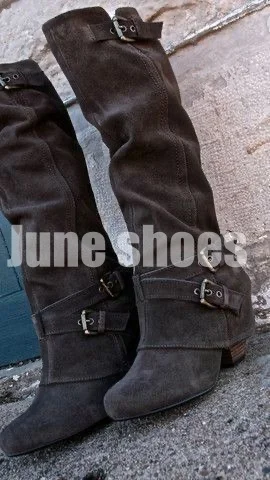 Dunkelbraune Turn-Over-Kniestiefel in Vintage-Farbe, klobiger Absatz, Schnallenriemen, Reißverschluss, Herbst-Design, Wildlederschuhe, Größe 34–46