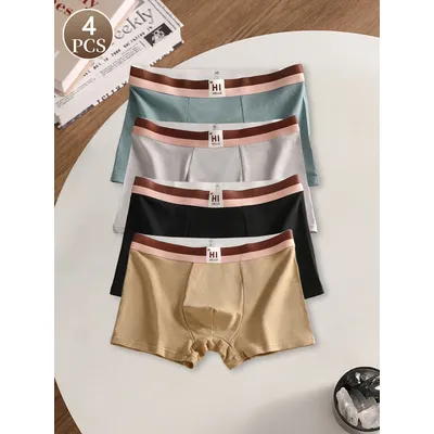 4PCS einfarbig brief mittlere taille baumwolle männer unterwäsche Atmungsaktive männer lose modische bequeme und einfache höschen Image