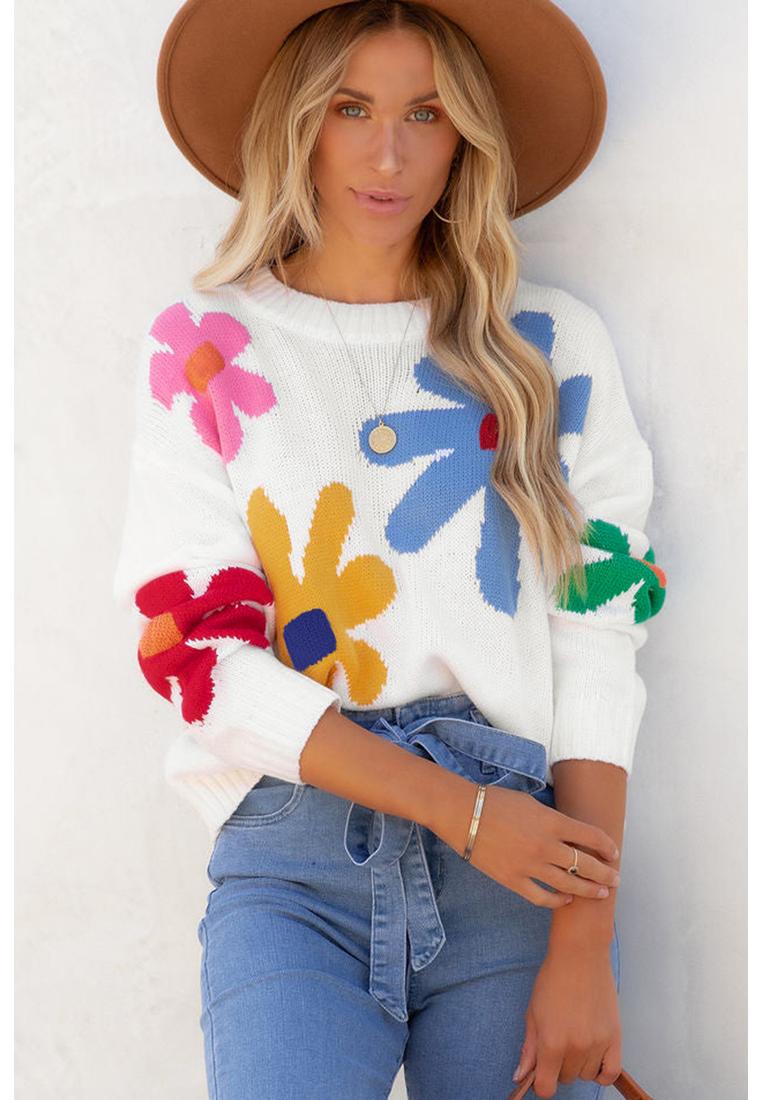 Azura Exchange Damen Floral Strickpullover Weiß Image