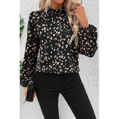 Azura Exchange Schwarzes Leopardenmuster Laternenärmelfaltenshirt mit Stehkragen Image