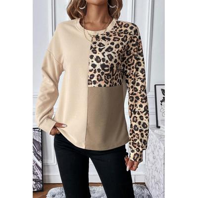 Azura Exchange Pale Khaki Leopard Farbkblock Waffelstrickoberteil Image