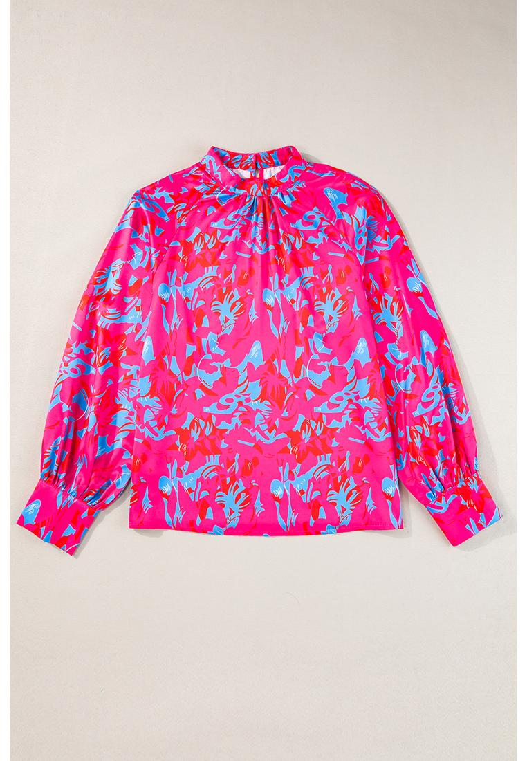 Azura Exchange Lila Bedruckte Bluse mit Plisseeärmeln und Mock-Neck Image