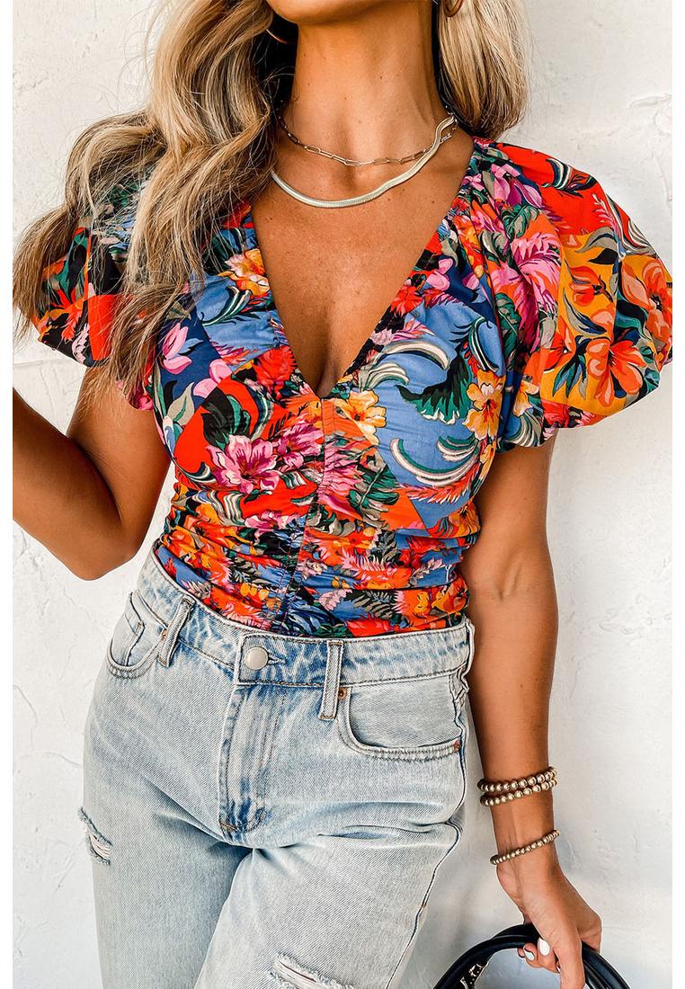 Azura Exchange Orange Floral Print Puffärmel Geraffte V-Ausschnitt Bluse Image