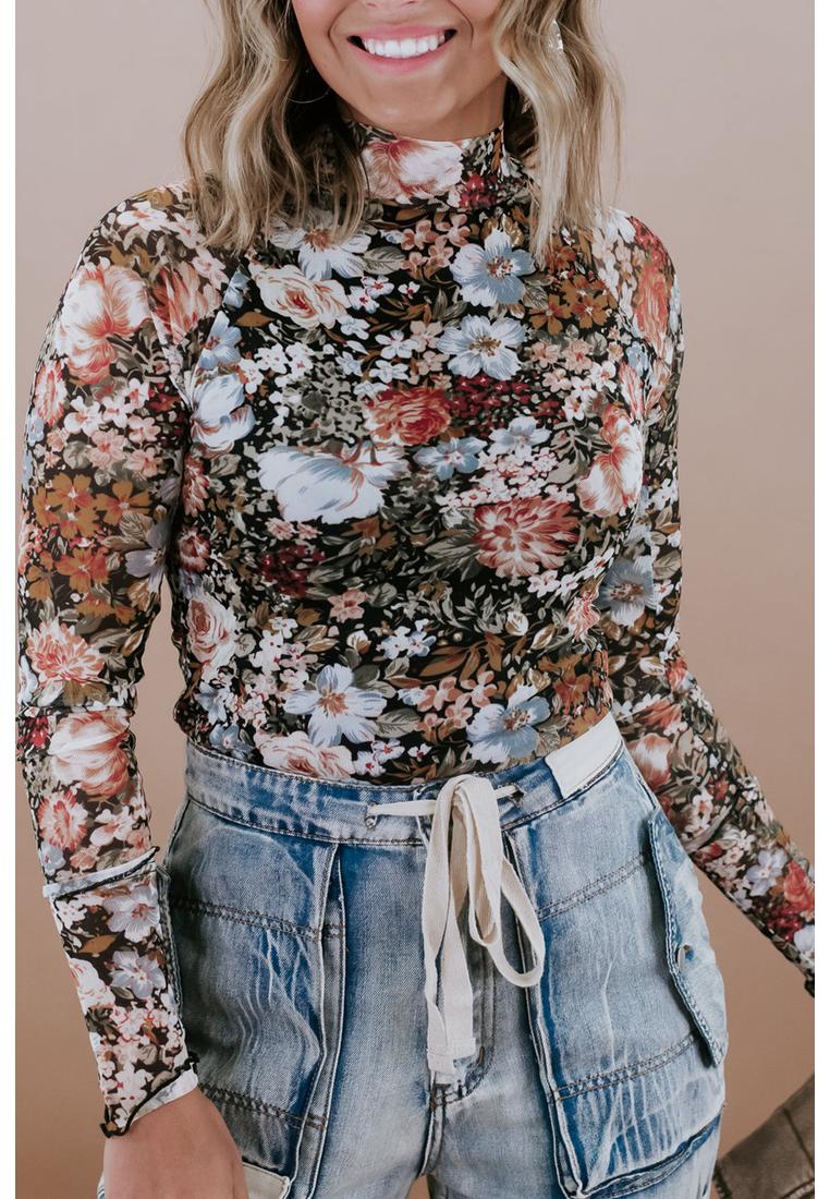 Azura Exchange Damen Blütenmuster Netz Langarmoberteil Image