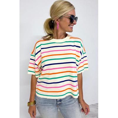 Azura Exchange Beiger Streifen Niedrig geschnittener Kurzarm Boxy Fit Stricktop Image