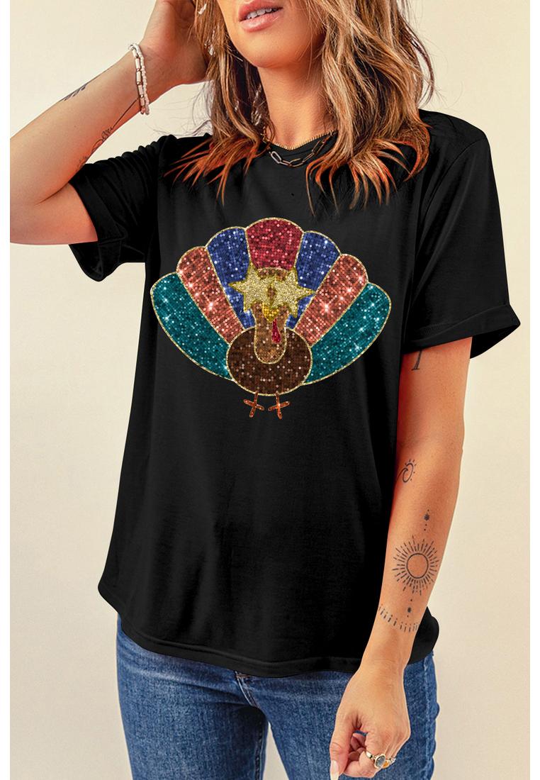 Azura Exchange Schwarzes Glitzer Truthahn Heat Transfer Druck Thanksgiving T-Shirt Image