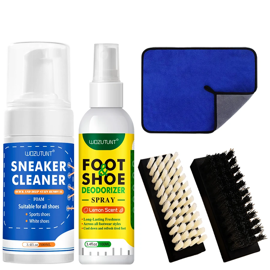 Weißes Schuhreinigungsset, Sneaker-Reinigungsschaum und Fußschuh-Deodorierungsspray zum Stinkeln für Leder, Tennis, Wildleder, Segeltuchschuhe Image
