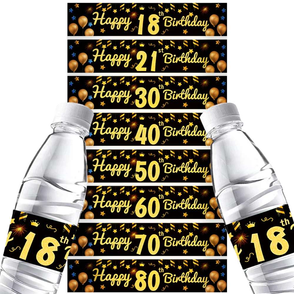 20 Stück Schwarzgold 18 21 30 40 50 60 70 80. Geburtstag Wasserflaschenaufkleber für Geburtstagsfeier Wasserflaschen-Dekoraufkleber Image