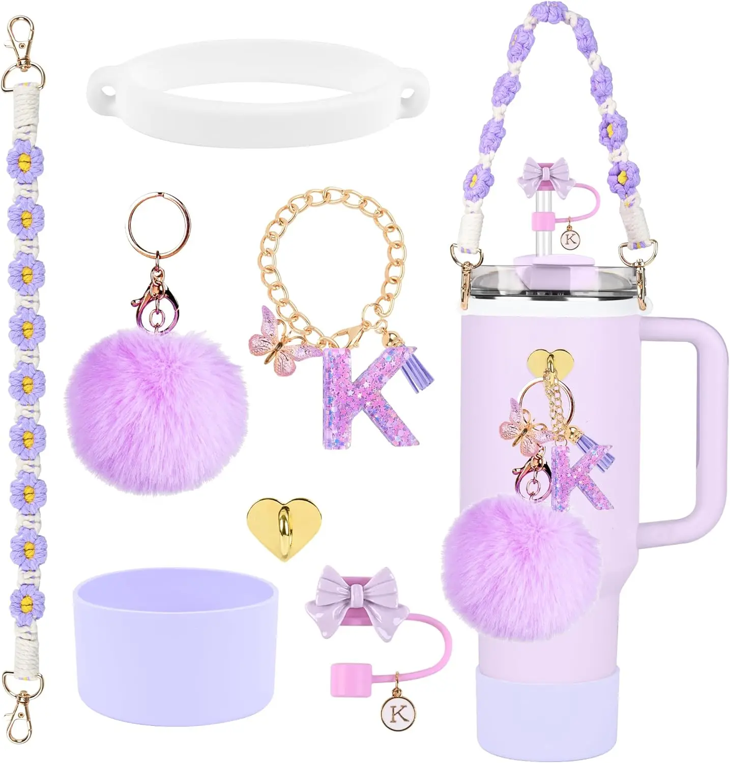 7-teiliges Zubehör-Set für Stanley Cup, lila Stroh-Topper, Tasse, Stiefel, Wasserflasche, Griff, Riemen, Buchstaben-Charms, 40 Unzen, 30 Unzen, Tumbler Image