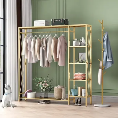 Gold Clothing Rack with Shelves, Standing Garment Racks, Clothing Racks for Hanging Clothes, Modern