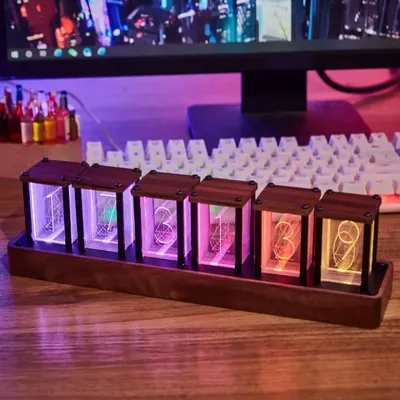 4/6 Tube RGB Full Color Glow Tube Clock Walnut LED Electronic Digital Alarm Clock Atmosphere Clock