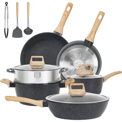 12 Pcs Pots and Pans Set, Nonstick Cookware Sets Black Granite Induction Cookware, Non-toxic Healthy
