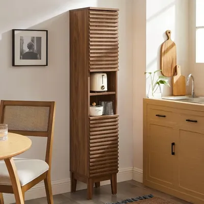 Render Tall Narrow Bathroom Storage Tower in Walnut - 63” Freestanding Linen Cabinet with Open