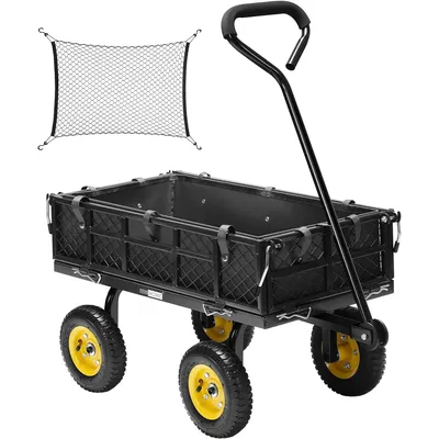 Heavy Duty 400 Lbs Capacity Mesh Steel Garden Cart Folding Utility Wagon with Removable Sides Black