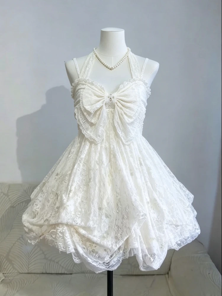 Abito Lolita Kawaii Stile Giapponese Estivo 2026 da Donna, Vintage Dolce con Fiocco in Pizzo e Balze, Vestito a Strati, Abito Slim con Fasce Stile Harajuku Y2K