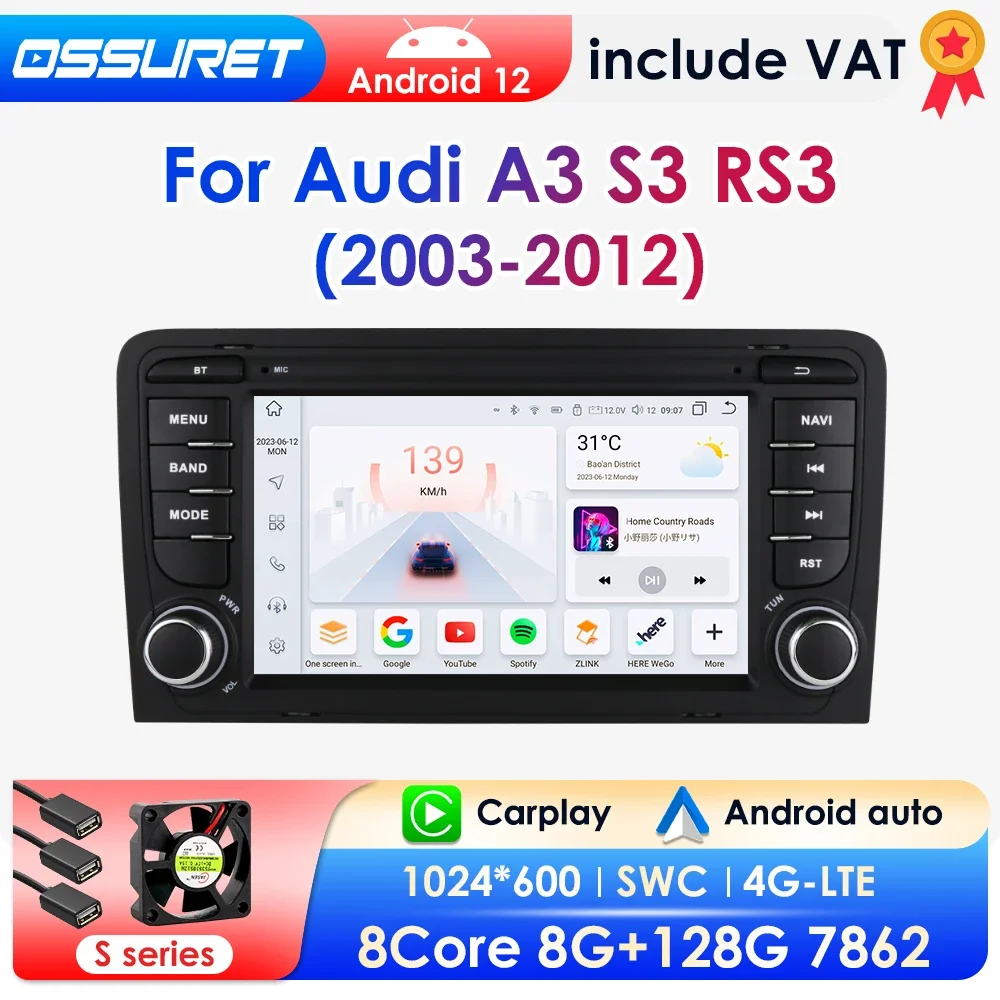 Android 12 Stereo Autoradio lettore multimediale per Audi A3 S3 RS3 2003-2012 Autoradio GPS Navi RDS Carplay DSP 4G + 64G AI Voice EQ
