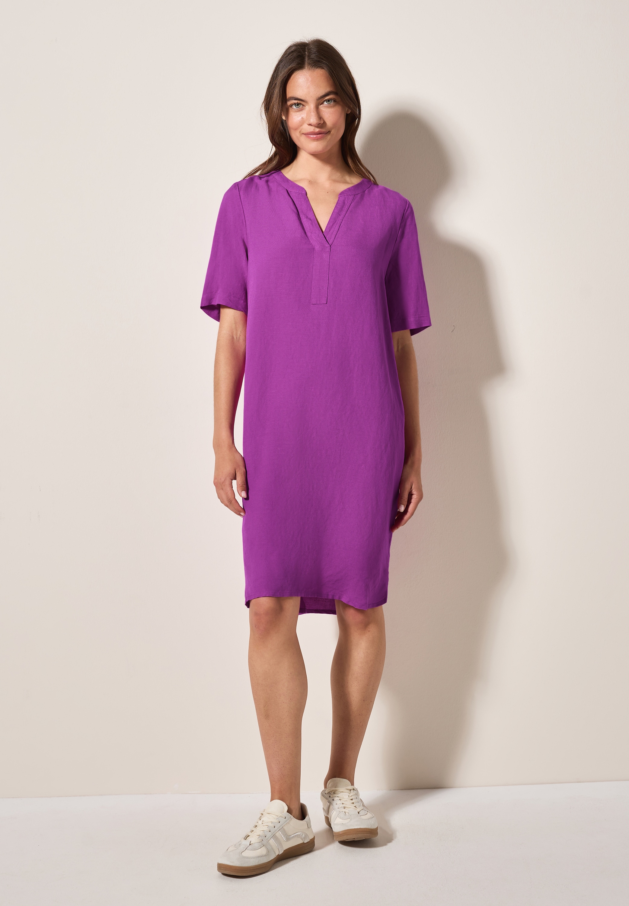 Sommerkleid CECIL, Damen, Gr. S (38), US-Größen, magenta lacquer, Stoff, 55% Leinen, 45% Viskose, unifarben, comfort fit knielang, Rundhals, Bündchen, Kleider Sommerkleid