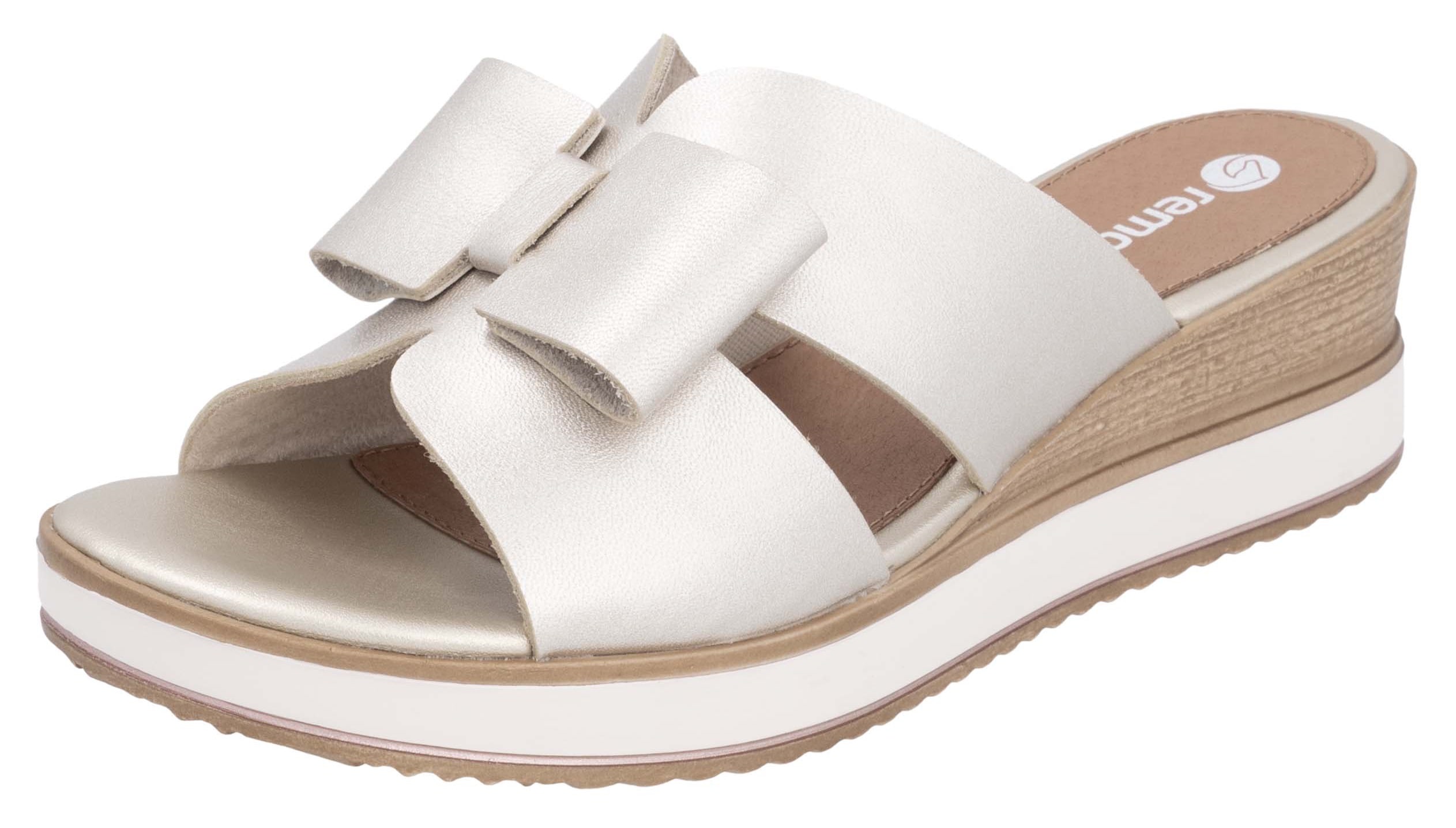 Pantolette REMONTE, Damen, Gr. 44, gold (goldfarben), Leder, Lederimitat, metallic, Schuhe Pantolette, Keilabsatz, Sommerschuh mit schöner Zierschleife