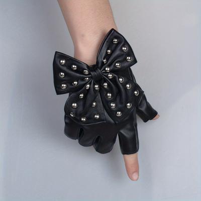 TEMU Rivet Bow Pu Leather Gloves Punk Half Finger Gloves Hip Hop Gloves For Women Image