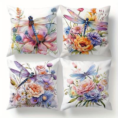 TEMU 4pcs Watercolor Dragonfly Four-piece Set Single-sided Printed Throw Pillow Sofa Cover - Throw Pillow Cover 45*45cm Image