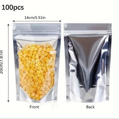 TEMU 100pcs Aluminum Foil Mylar Bag Standing Bags, Transparent Resealable Plastic Packaging Bags, Food Storage Bag, Aluminum Bag, Kitchen Gadgets, Kitchen Accessories, Kitchen Storage Items Image