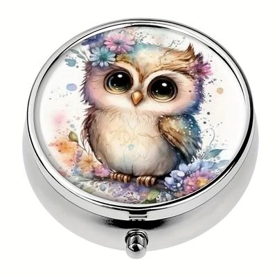 TEMU Watercolor Owl 3-compartment Round Pill Box - Portable, Food-safe Polypropylene Medicine Storage For Travel & Office - Unique Gift Idea, Pill Box For Purse Image
