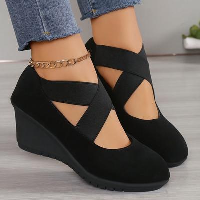 TEMU Women' Pumps, Crisscross Elastic Bands Soft Sole Platform Shoes, Round Toe Wedge Walking Loafers Image