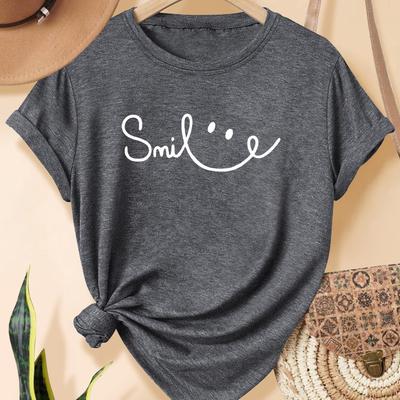 TEMU 1pc Women's Casual Crew Neck T-shirt With , Polyester Knit Fabric, Medium Stretch, Fashion Top, Short Sleeve, Multiple Colors , Sizes S-xxl Image