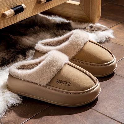 TEMU Unisex Winter Slippers, Cozy Fleece , Non-slip Sole, Soft Fabric Indoor Shoes, Vintage Casual , Avoid Direct Sunlight, Solid Color, For , Fabric Upper, Eva Inner & Outsole, Round Toe Image