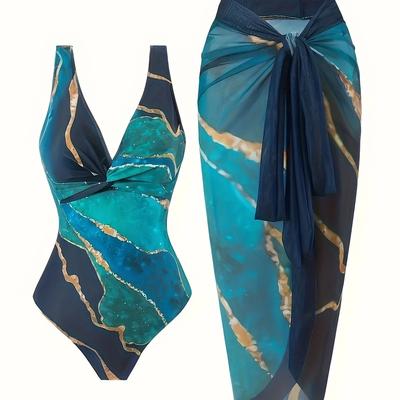 TEMU European And American Stylish Women's Beachwear, Sun Protection Fashion, Tankini Style, Marble Pattern Print, Women's Outfits. Image