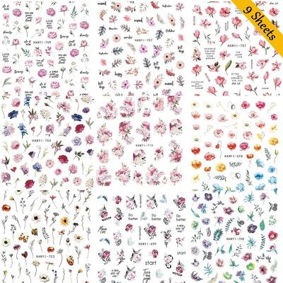 TEMU 9pcs 3d Floral Nail Art Stickers - Self-adhesive Daisy, Peony & Leaf Decals For Manicure Designs - Vinyl Nail Decorations Image