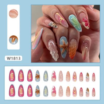 TEMU Chic -shaped Press-on Nails With 3d Blue Starfish & Shell Accents – Sweet, , Medium Length With , Wave Image