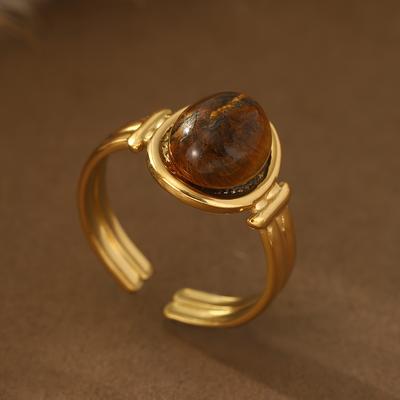 TEMU Elegant Adjustable Golden-tone Stainless Steel Ring With Natural Stone - Vintage-inspired, Non-tarnish, & Special Occasions, Ideal Gift Image