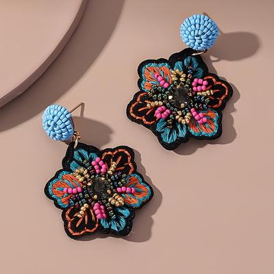 TEMU 1 Pair Boho Embroidered Beaded Floral Earrings, Polyester Bohemian Style Drop Dangle Earrings, With Resin Accents And Stainless Steel Ear Needle, For Women Image