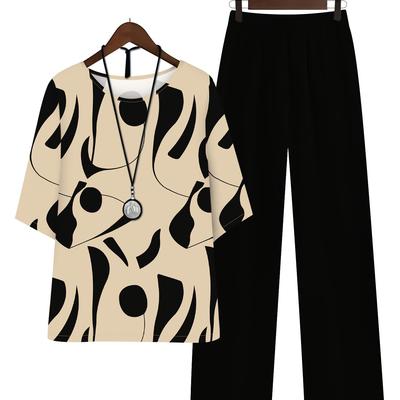 TEMU Women's Casual Suit Geometric Print Round Neck Top And Pants Two-piece Suit Image