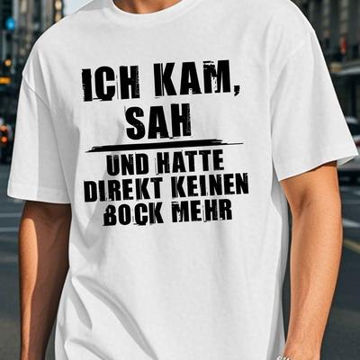 TEMU Men's Casual Crew Neck T-shirt, 100% Polyester Knit Fabric, Geometric Pattern, Regular Fit, Summer Top With Fun German Quote Image