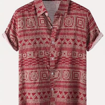 TEMU Men's Casual Short-sleeve Button-up Shirt With Vibrant Geometric Print - Lightweight Polyester, Machine Washable, Summer , Relaxed Fit Shirt | Ethnic Print Shirt | Polyester Fabric Image