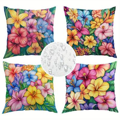 TEMU 4pcs Vibrant Tropical Floral Outdoor Pillows - Colorful Ocean-themed Design For Summer Patio Decor, Relaxation & Style Enhancement, Machine Washable With Zipper Closure, Coastal Living Image