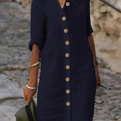 TEMU Women's Navy Blue Casual Shirt Dress - Single-breasted Collar, Half Sleeve, , Machine Washable, Spring/fall Fashion Image