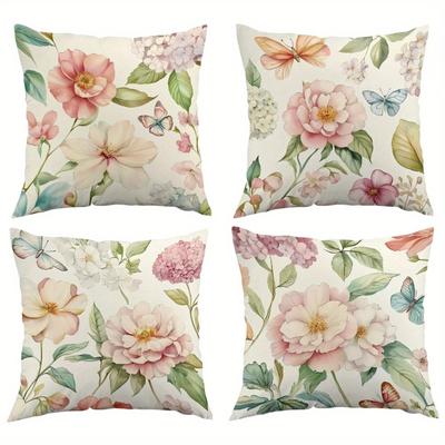 TEMU 4pcs, Spring Throw Pillow Covers - Vibrant Floral Decor For Home Sofa Cushion Cases Machine Washable With Zipper Closure, Suitable For Porch Terrace Sofa Living Room Outdoor Image