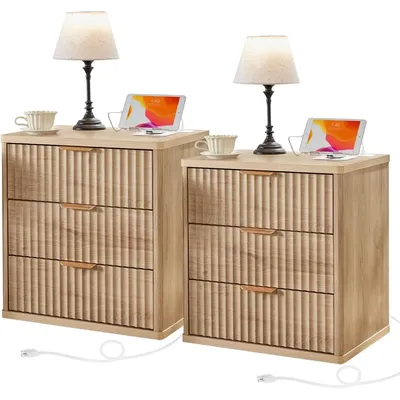 23" Wide Fluted Farmhouse Night Stand Set of 2 with Charging Station, 3 Drawers Large End Table