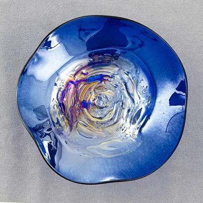 LONGREE Stunning Platter Blue Shade Iridescent Hand Blown Glass Plate
