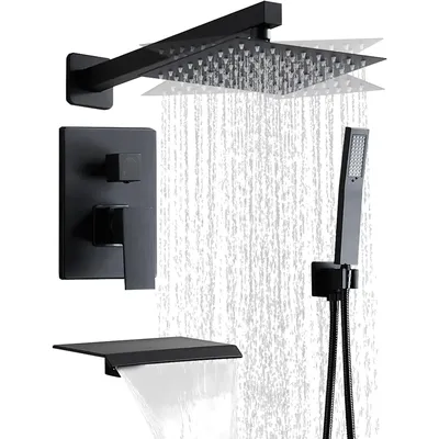 Matte Black Faucet Set Shower Head with Tub Spout and Handle System Square Wall Mount for Bathroom,