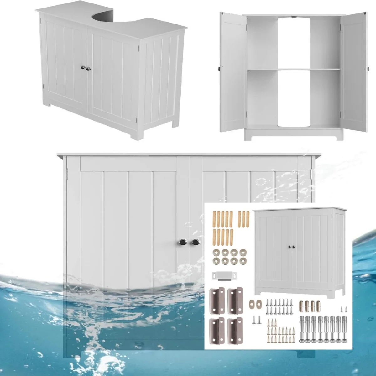 Unter dem Waschbecken, Badezimmerschrank, an der Wand montierbar und freistehender Waschbecken-Aufbewahrung aus Holz, Waschbecken-Schrank, 2 Türen mit verstellbaren Regalen